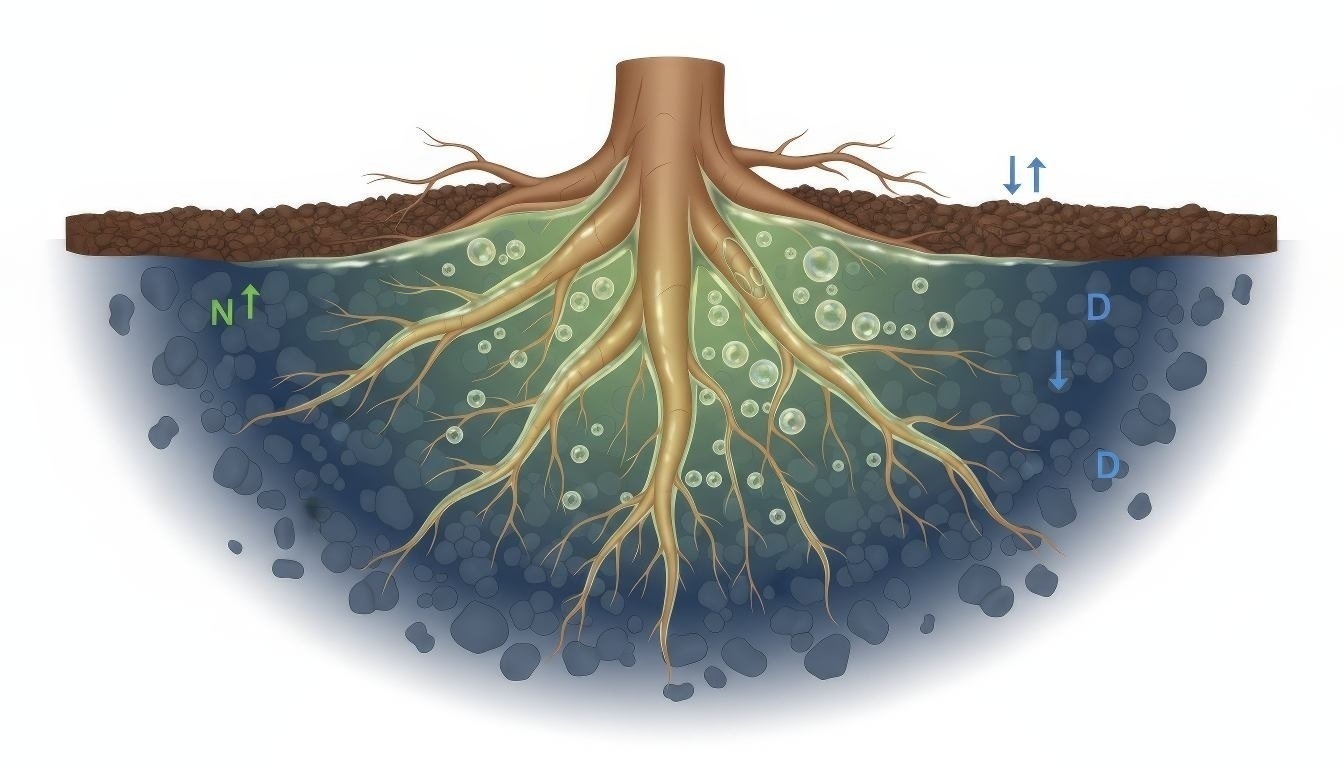 Detailed rhizosphere microbiology diagram showing oxygen gradients and microbial interactions in wetland plant root zones