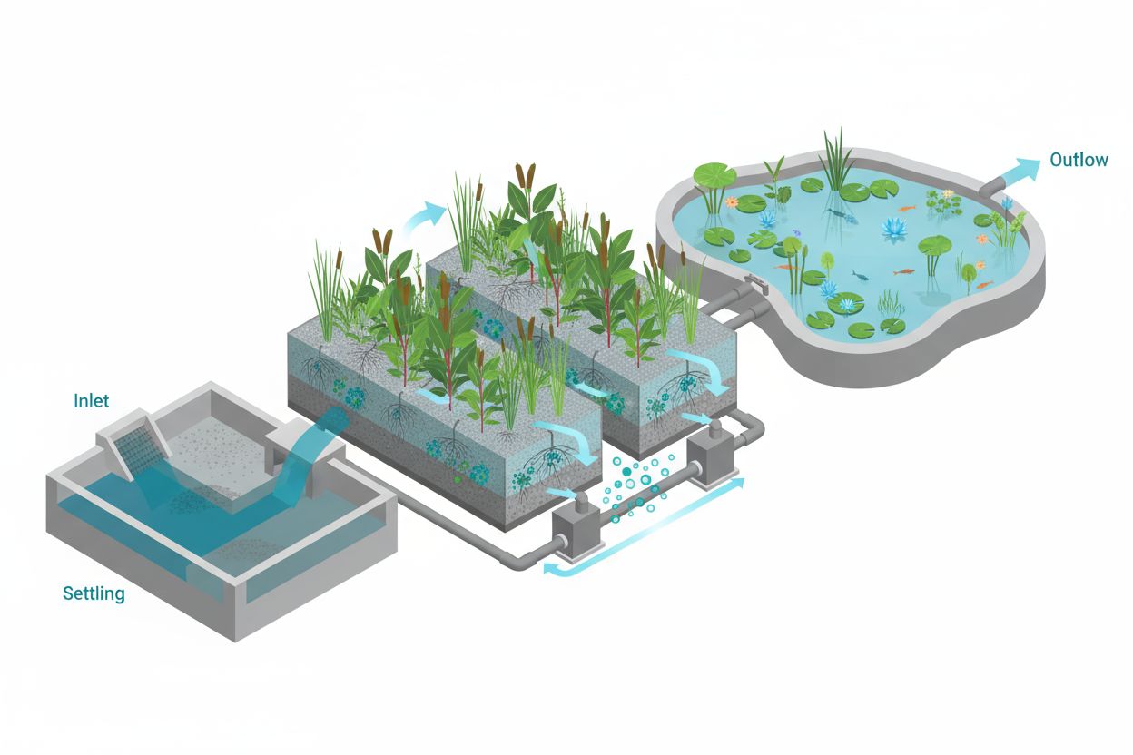 Sectional cutaway view of multi-stage recirculating constructed wetland treatment process