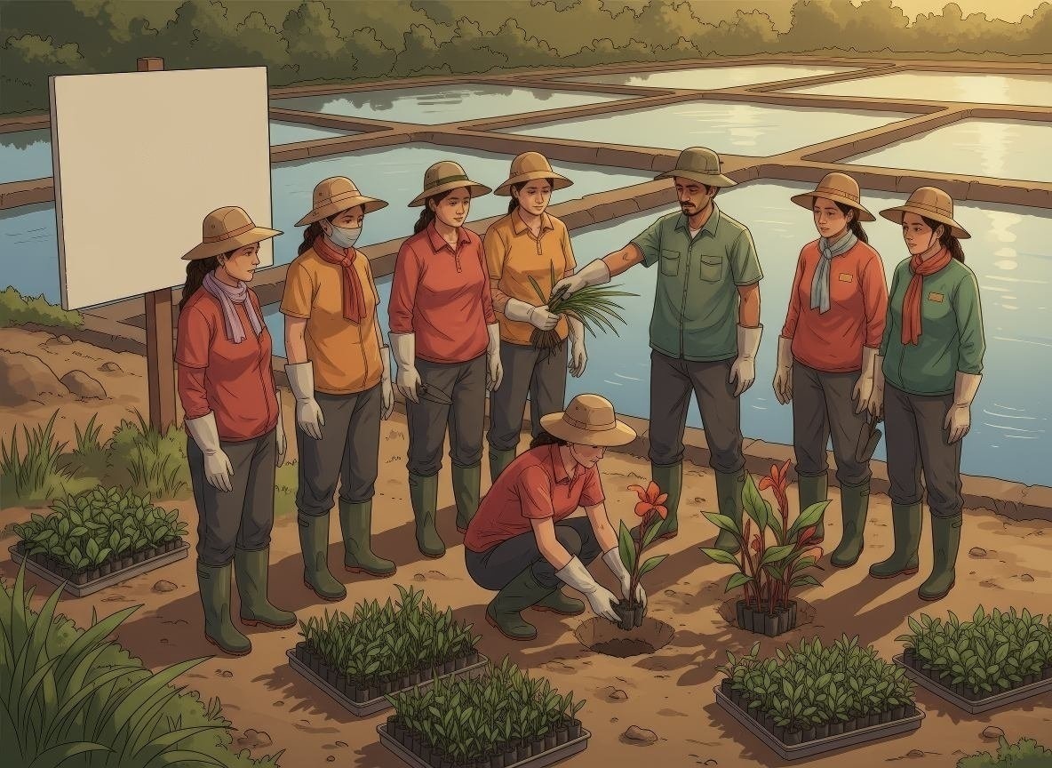 Hands-on training scene at wetland showing women learning wetland maintenance