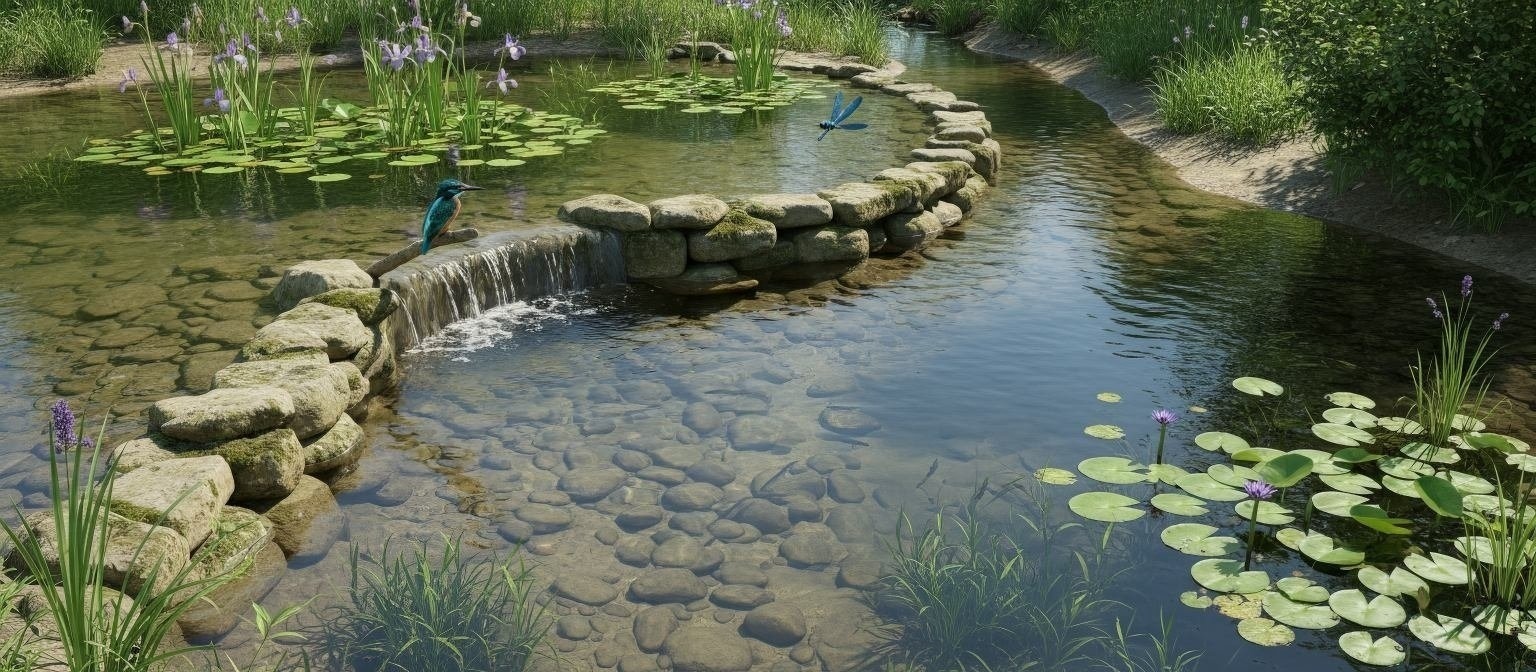 Clear shallow polishing pond with diverse aquatic plant ecosystem