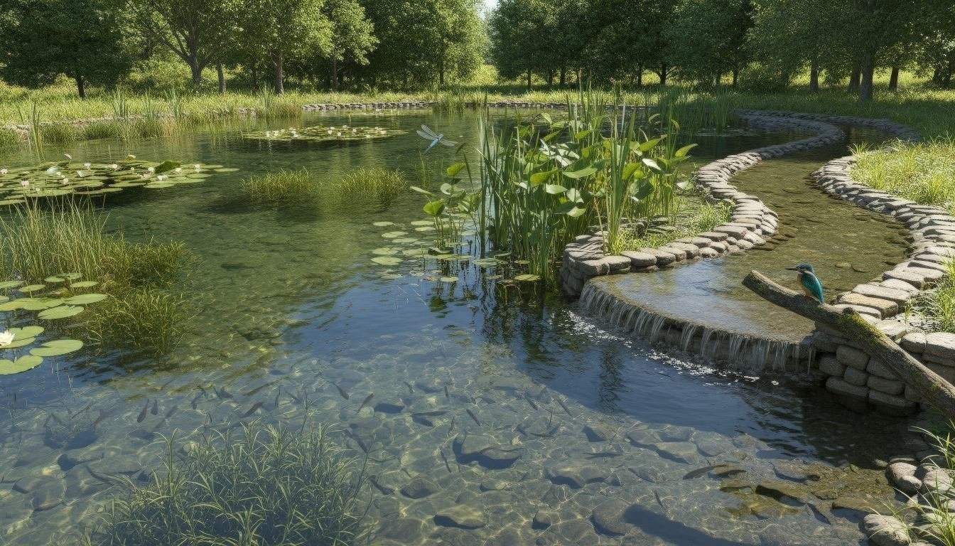 Final polishing pond with clear water and aquatic plants demonstrating treatment quality meeting international standards