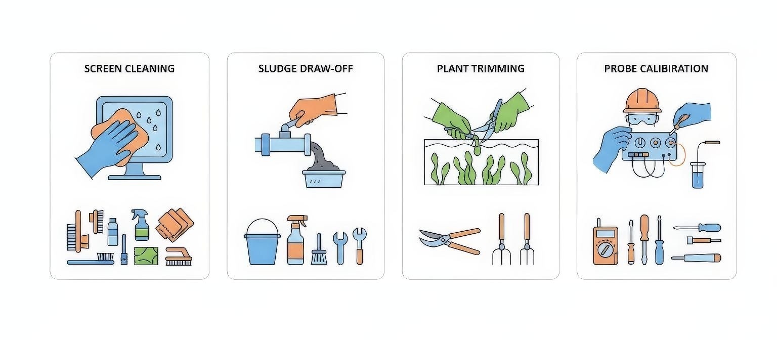 Weekly operations and maintenance routines showing four vignettes of ongoing care