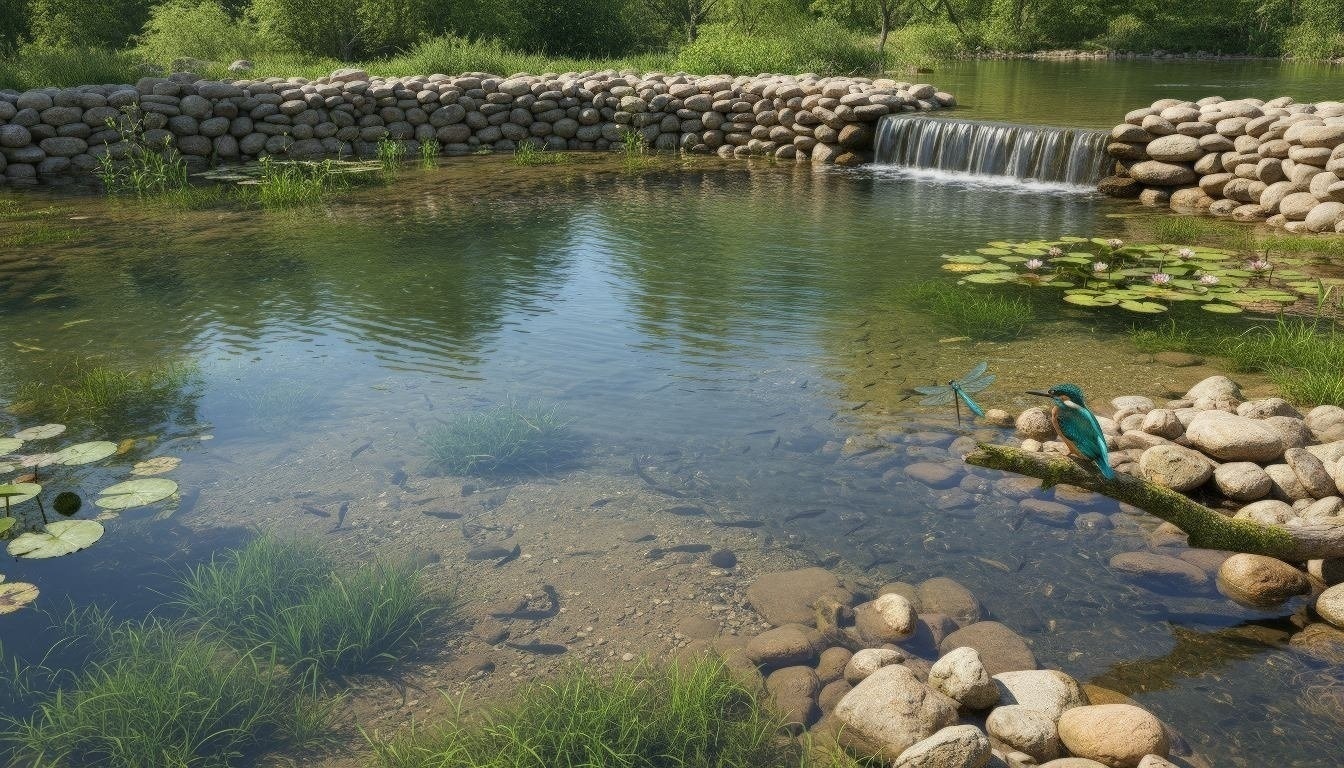 Clear treated water in polishing pond demonstrating 95% pollutant removal efficiency with healthy aquatic plants