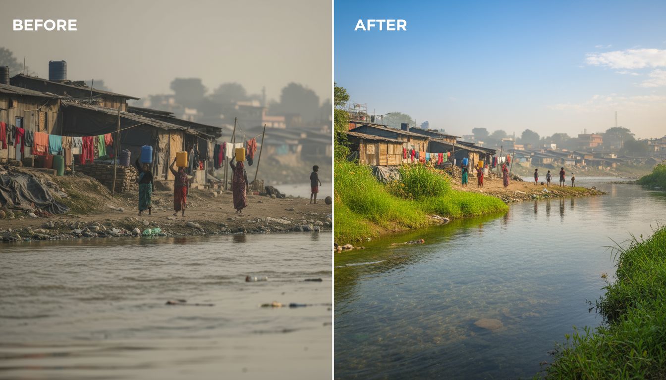 Riverside community settlement beside polluted Bagmati River in Kathmandu
