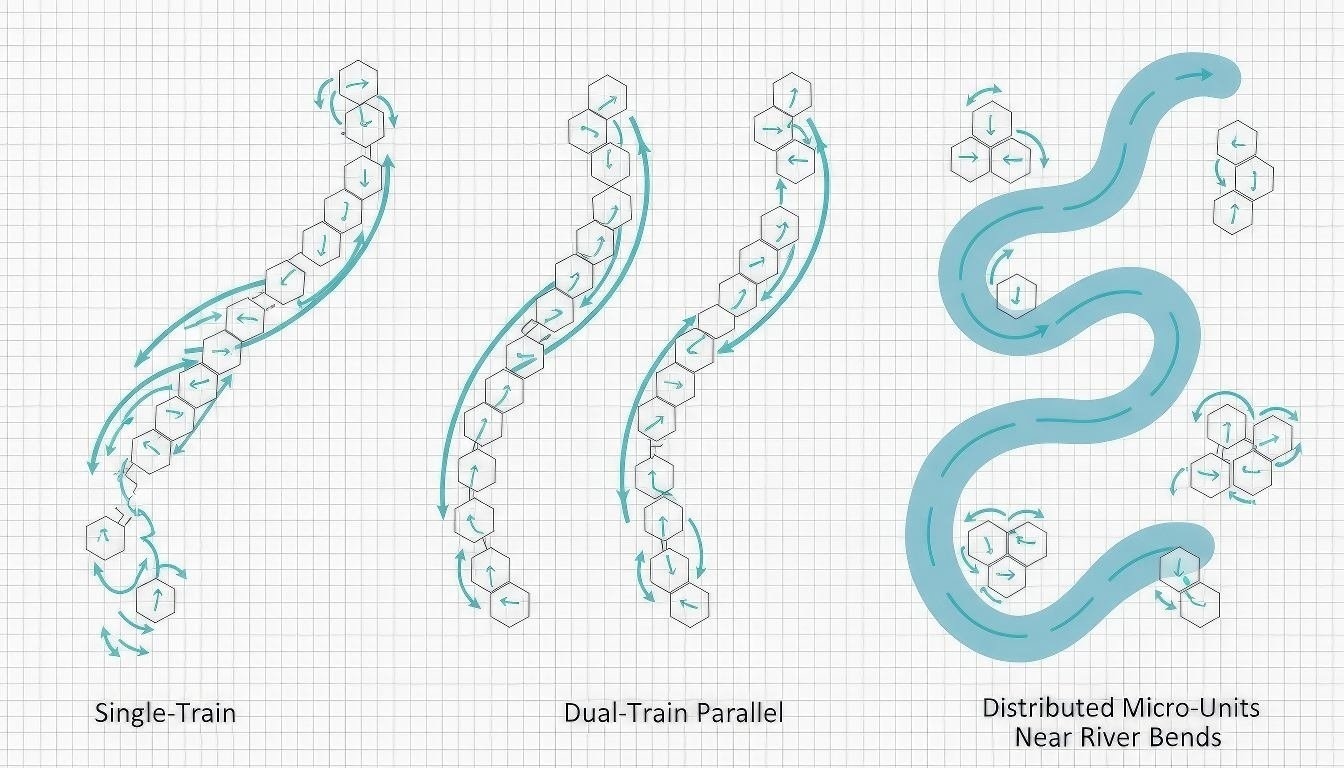 Modular array configurations showing three scalable wetland system layouts for different treatment capacities