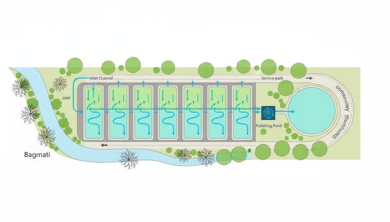Plan view layout of AquaSai wetland system showing integration with river edge and complete water flow pathway