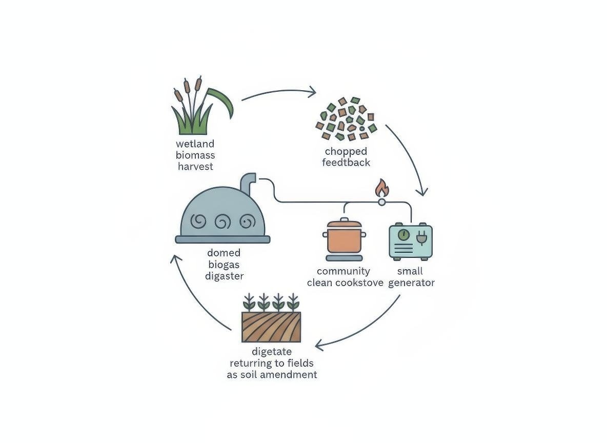 Icon-based flow diagram showing wetland biomass harvest cycle and value generation pathways