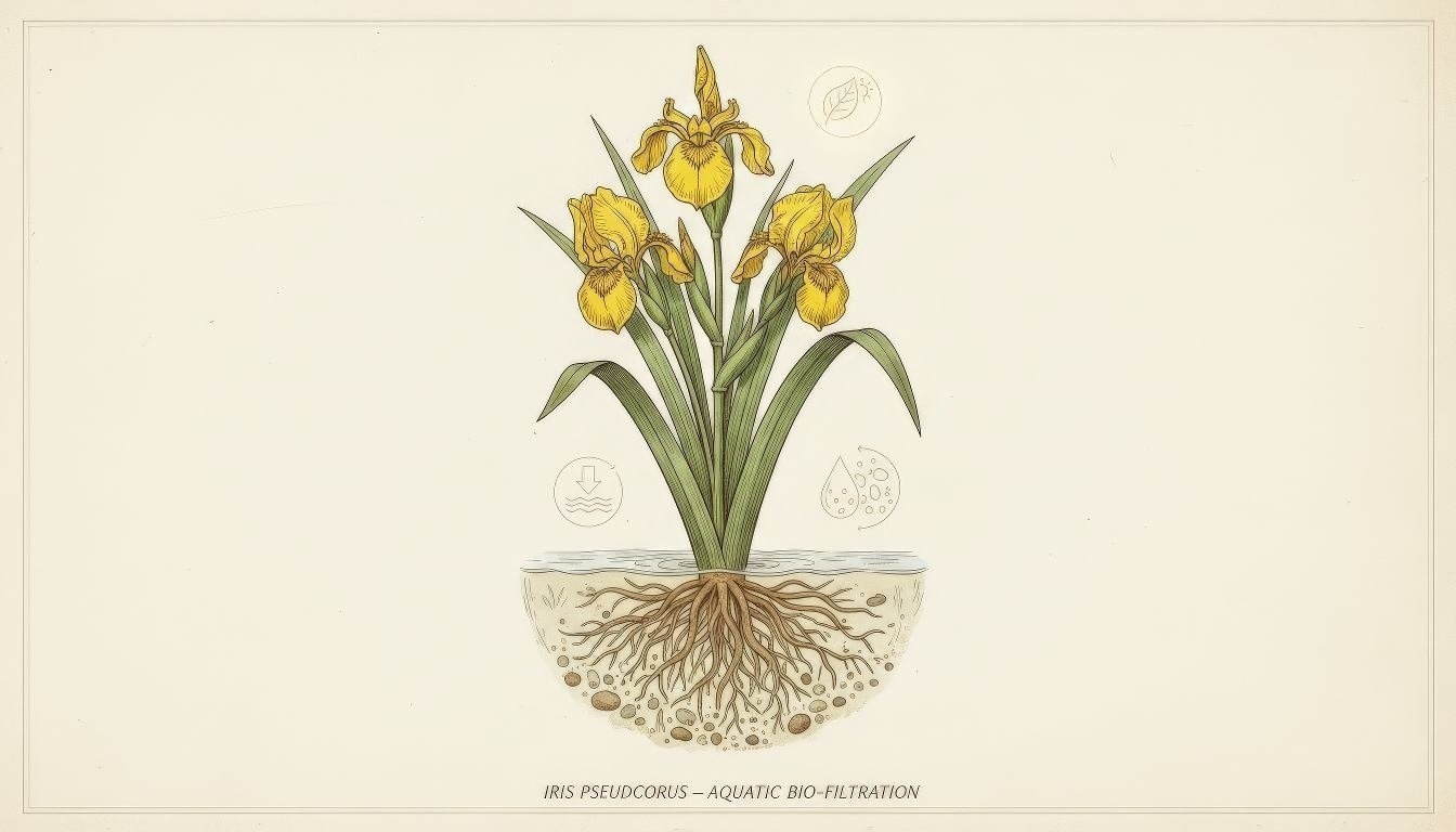 Water iris plants providing both water filtration and aesthetic enhancement to wetland system