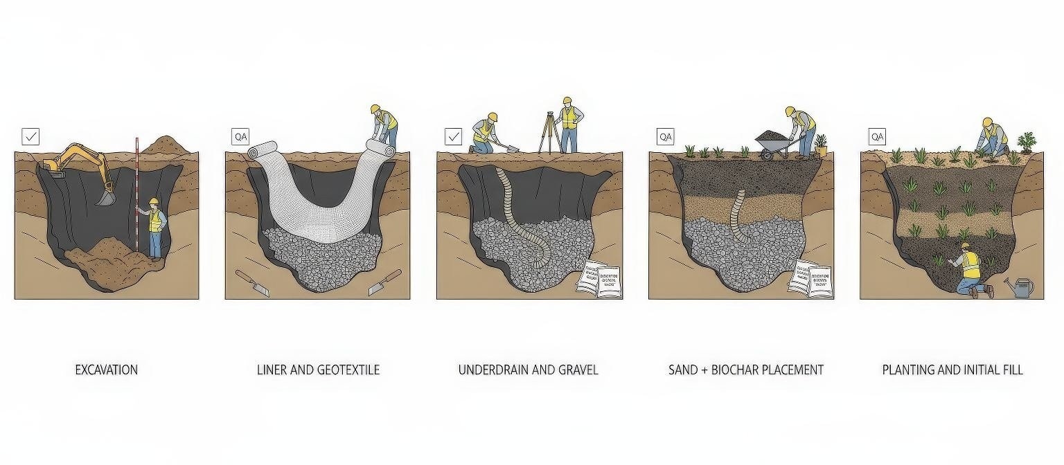 Construction and materials build sequence showing step-by-step installation process