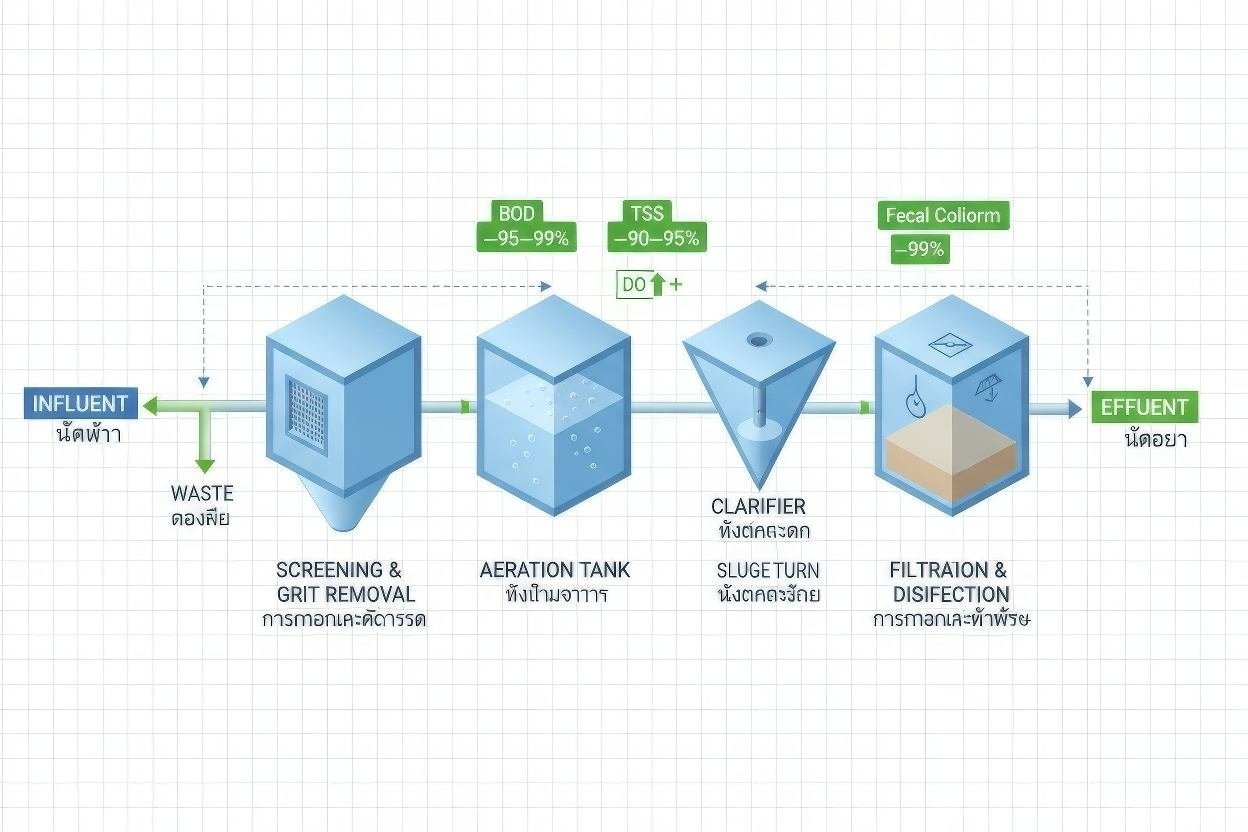 Multi-stage recirculating constructed wetland system diagram showing natural water treatment process with aquatic plants and biofilters