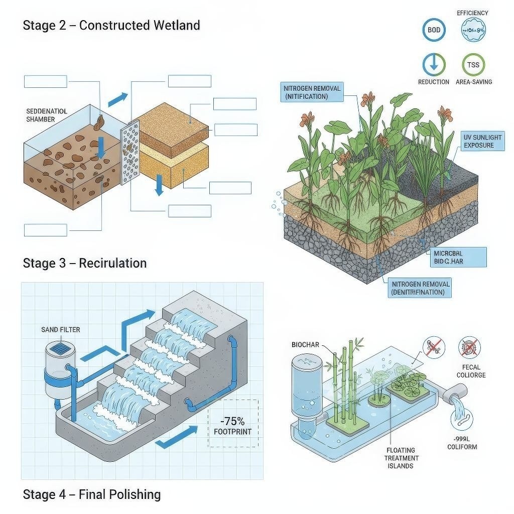 Complete 4-stage MSR treatment process diagram showing water flow through filtration, constructed wetland, recirculation, and polishing stages