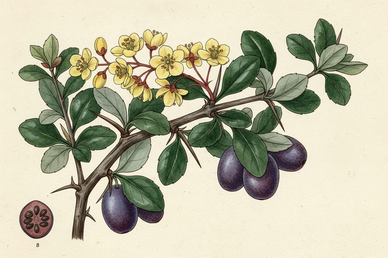Berberis asiatica (Chutro / Barberry) - Yellow-flowered thorny shrub botanical art - Berberine-rich eye medicine - Created by Enea Le Fons for AquaSai Himalayan Medicinal Flora