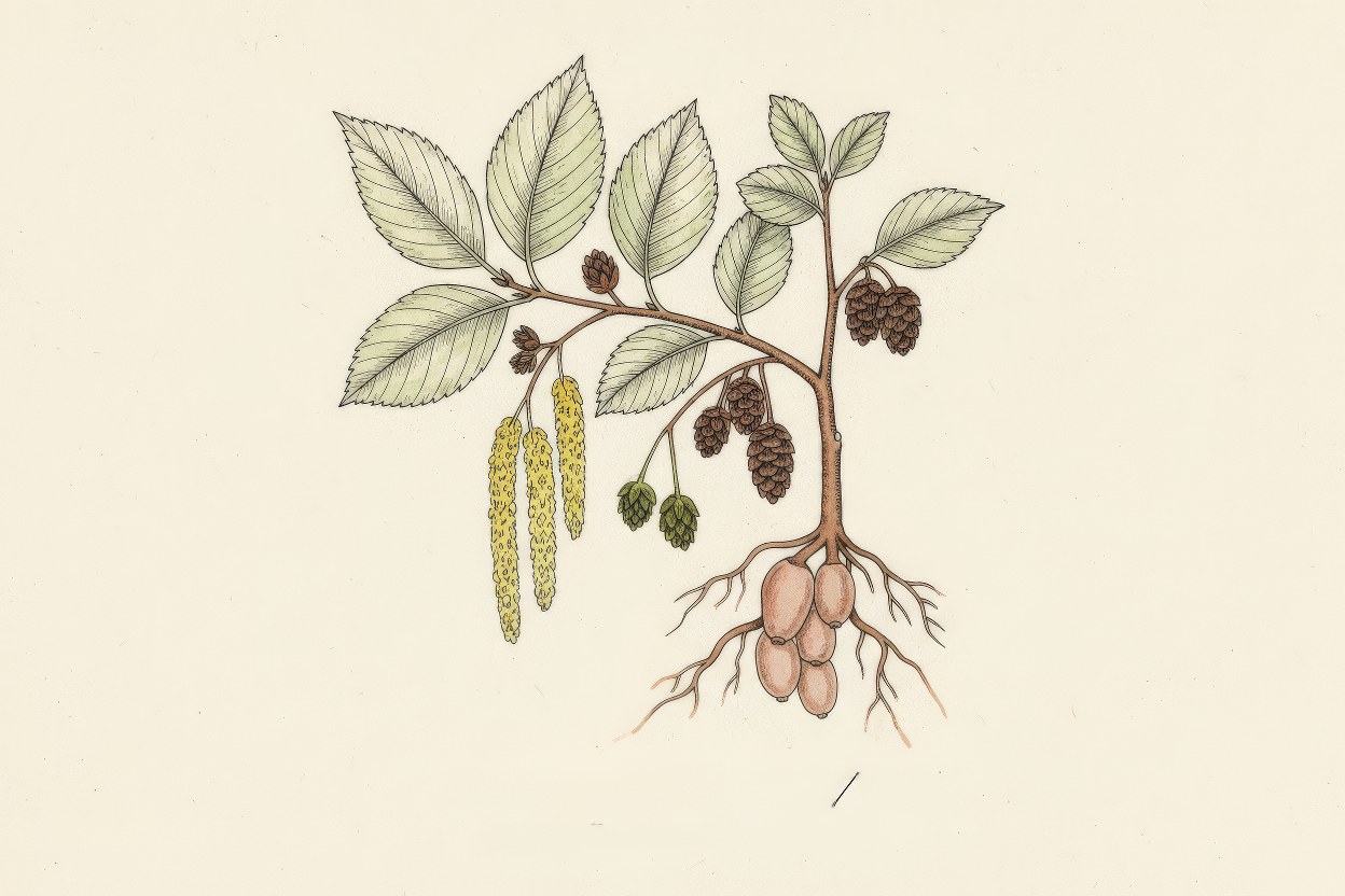 Alnus nepalensis (Alder / Utis) - Nitrogen-fixing riparian tree botanical illustration - Soil fertility enhancer for restoration - Illustration by Enea Le Fons for AquaSai Biological Nitrogen Fixation