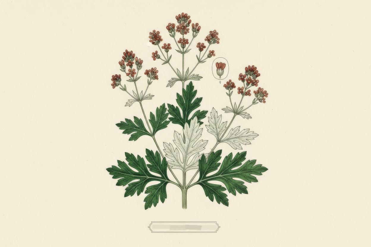 Artemisia vulgaris (Mugwort / Titepati) - Aromatic ceremonial herb botanical illustration - Sacred incense plant in Himalayan traditions - Illustration by Enea Le Fons for AquaSai Ethnobotany Project