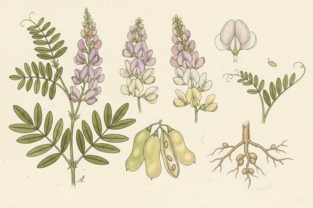 Astragalus species (Milk Vetch) - Alpine legume botanical art - Immune-boosting TCM herb with soil enrichment - Created by Enea Le Fons for AquaSai Alpine Nitrogen Fixation Studies