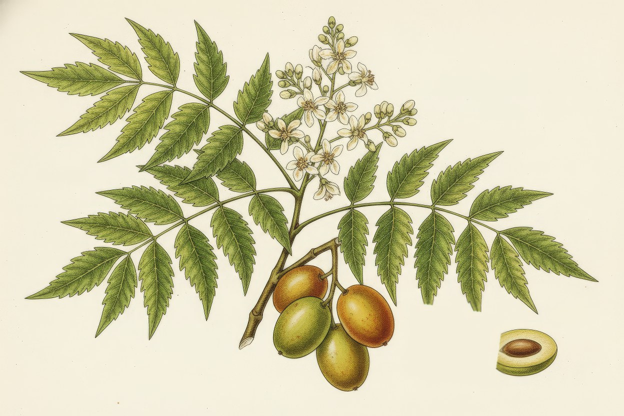 Azadirachta indica (Neem) - Botanical art showing compound leaves and white flowers - Multi-purpose medicinal tree with soil remediation capacity - Illustration by Synthography Artist Enea Le Fons for AquaSai