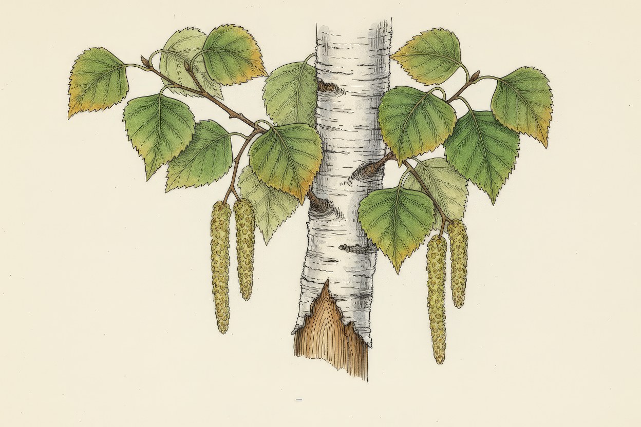 Betula utilis (Himalayan Birch) - White-barked mountain tree botanical art - Sacred bark used in Tibetan medicine - Art by Enea Le Fons for AquaSai Highland Restoration
