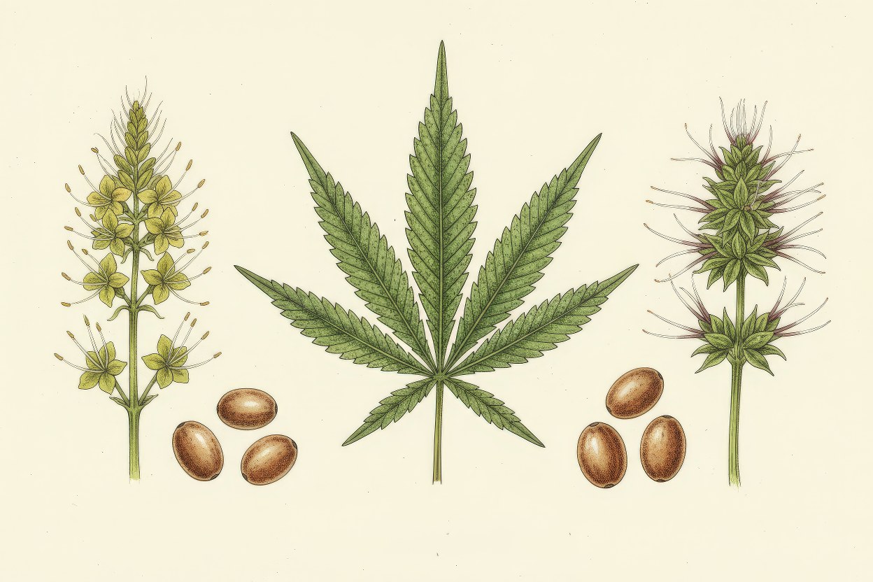 Cannabis sativa (Hemp) - Industrial hemp plant botanical illustration - Champion phytoremediation plant for heavy metal extraction - Created by Enea Le Fons for AquaSai Soil Remediation Research