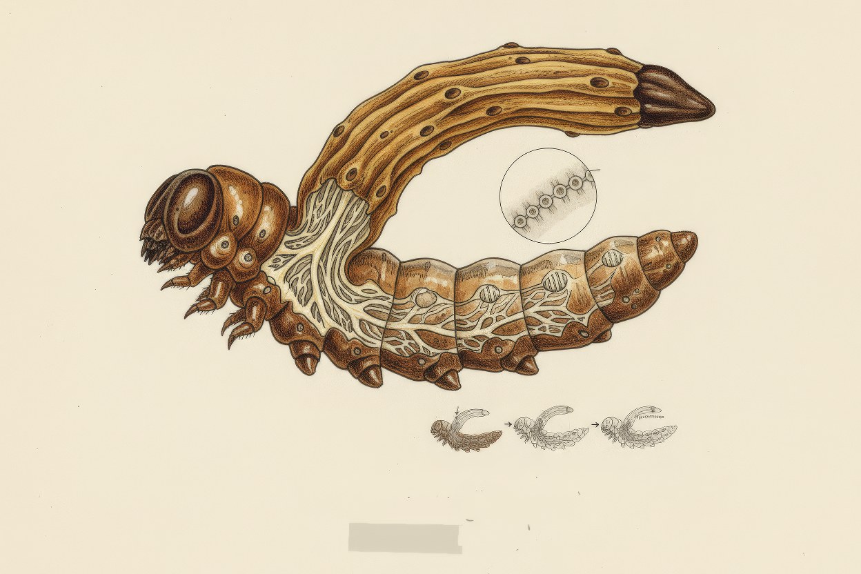 Cordyceps sinensis (Yarsagumba) - Parasitic fungus-caterpillar complex botanical art - Himalayan gold medicinal fungus - Illustration by Enea Le Fons for AquaSai Fungal Documentation