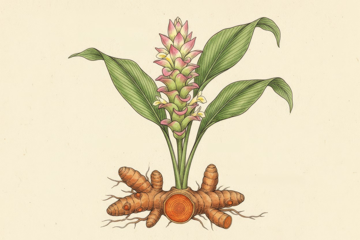 Curcuma longa (Turmeric / Besar) - Scientific botanical art of rhizomes and foliage - Powerful anti-inflammatory medicinal plant - Created by Synthography Artist Enea Le Fons for AquaSai