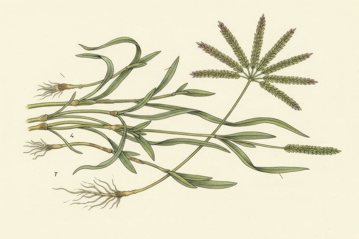 Cynodon dactylon (Dubo Grass / Bermuda Grass) - Mat-forming ground cover botanical art - Sacred Hindu grass with soil binding properties - Art by Enea Le Fons for AquaSai Cultural Landscape Restoration