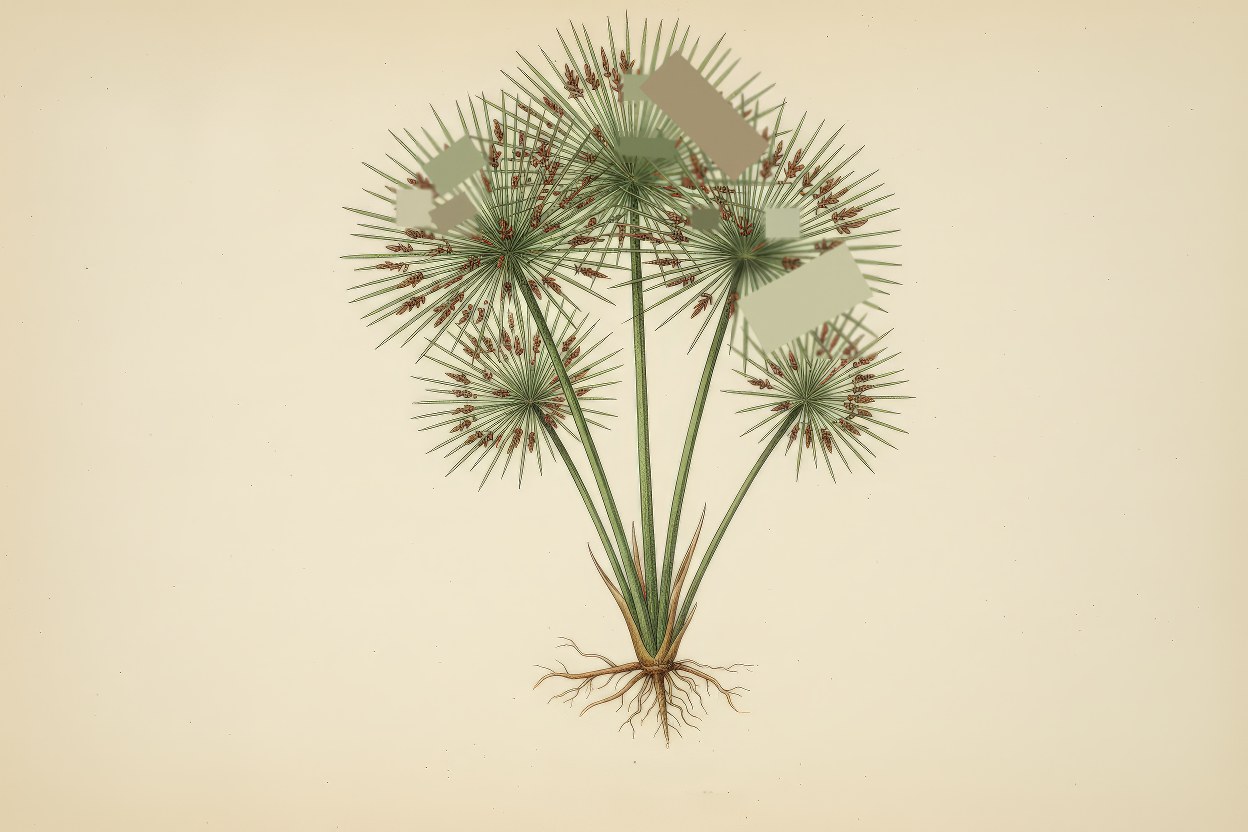 Cyperus alternifolius (Papyrus / Mothe) - Umbrella sedge botanical art - Ornamental water purification plant - Art by Enea Le Fons for AquaSai Aesthetic Wetland Design