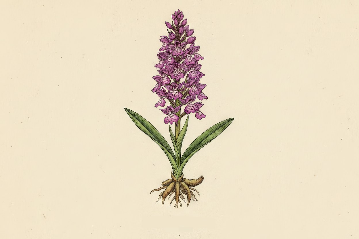 Dactylorhiza hatagirea (Marsh Orchid) - Elegant purple orchid spikes botanical illustration - Endangered medicinal orchid tuber - Art by Enea Le Fons for AquaSai Wetland Conservation