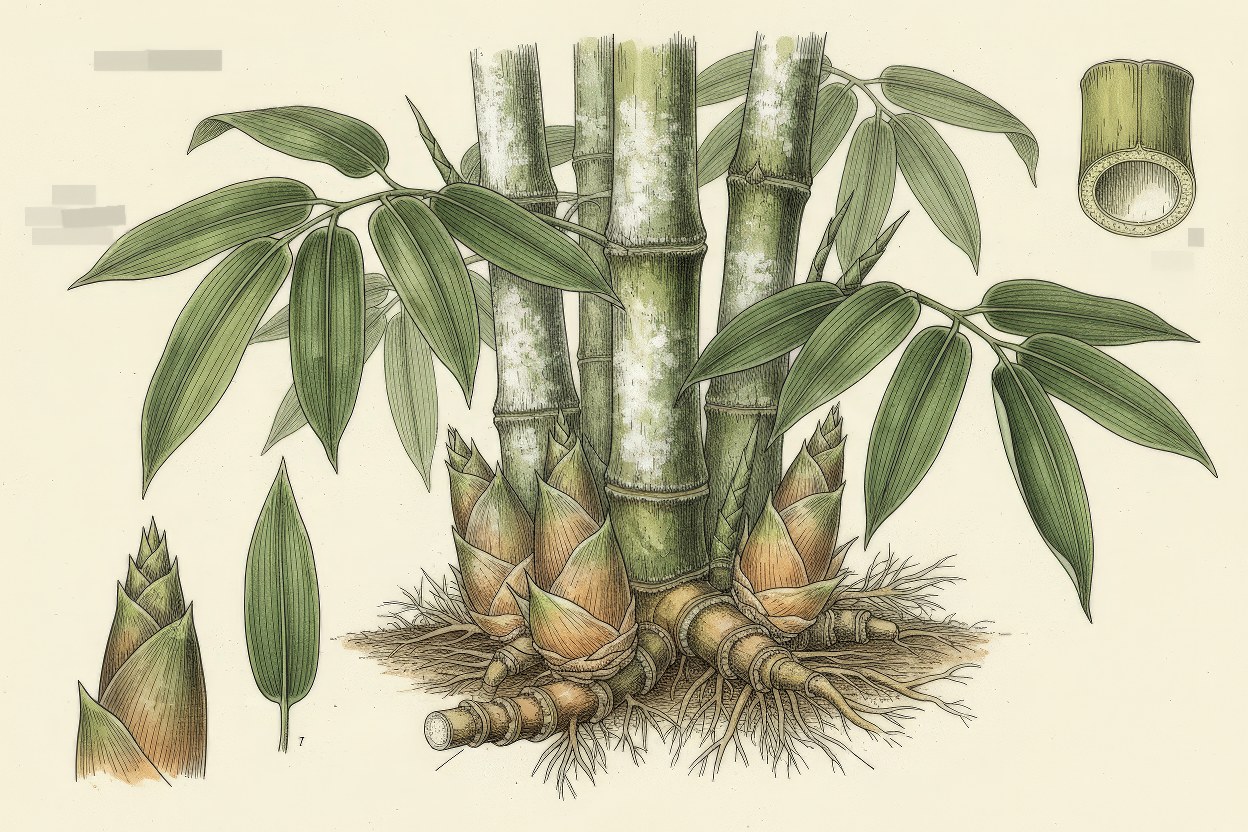 Dendrocalamus hamiltonii (Tama / Himalayan Bamboo) - Large-diameter bamboo botanical art - Landslide prevention and structural bamboo - Illustration by Enea Le Fons for AquaSai Natural Hazard Mitigation