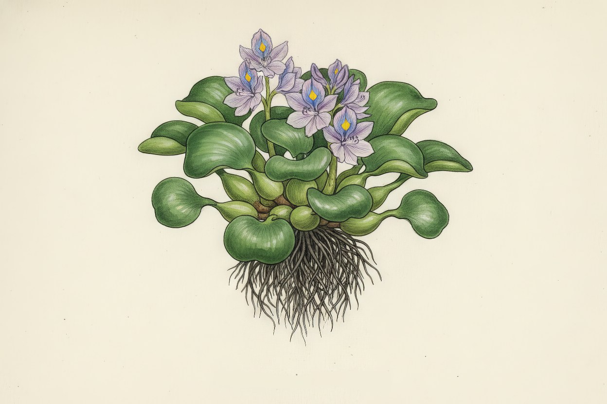Eichhornia crassipes (Water Hyacinth) - Floating aquatic plant with purple flowers botanical art - Champion phytoremediation species - Illustration by Enea Le Fons for AquaSai Wetland Engineering