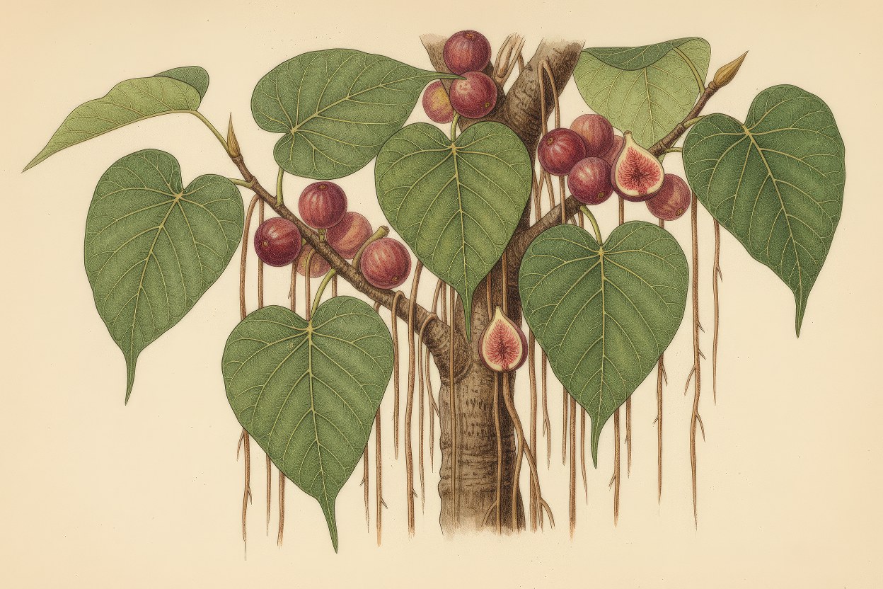 Ficus religiosa (Pipal) - Bodhi tree with distinctive heart-shaped leaves botanical art - Sacred Buddha enlightenment tree - Created by Enea Le Fons for AquaSai Sacred Ecology Project