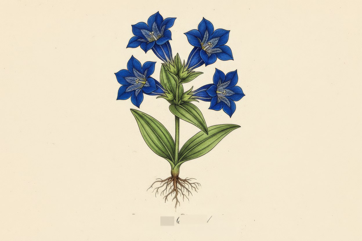 Gentiana species (Gentian / Tikta) - Intense blue flowers botanical art - Bitter digestive tonic and liver medicine - Illustration by Enea Le Fons for AquaSai Alpine Restoration