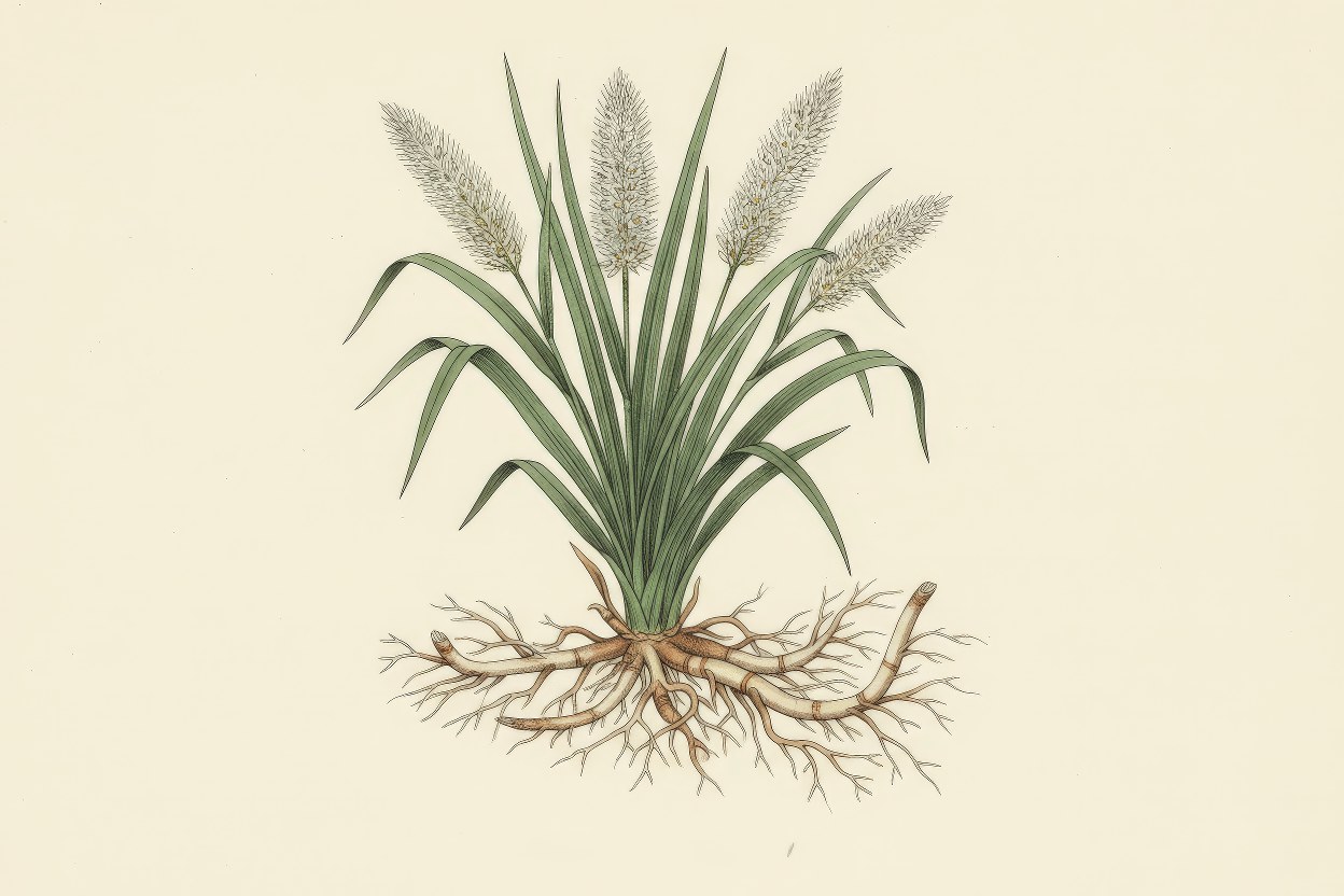 Imperata cylindrica (Cogon Grass / Siru) - Aggressive colonizer grass botanical art - Pioneer species for degraded land restoration - Illustration by Enea Le Fons for AquaSai Pioneer Species Research