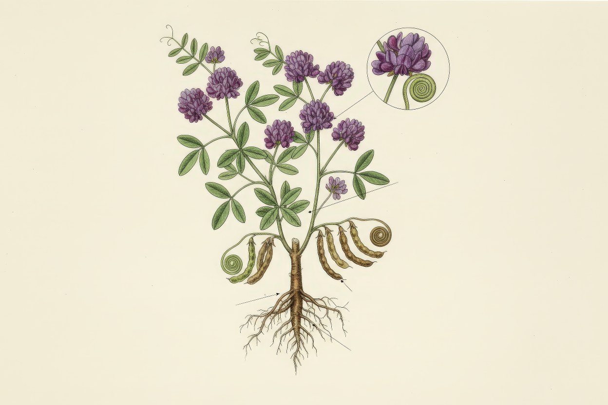Medicago sativa (Alfalfa) - Deep-rooted legume botanical illustration - Queen of forages with soil improvement properties - Art by Enea Le Fons for AquaSai Sustainable Agriculture Integration