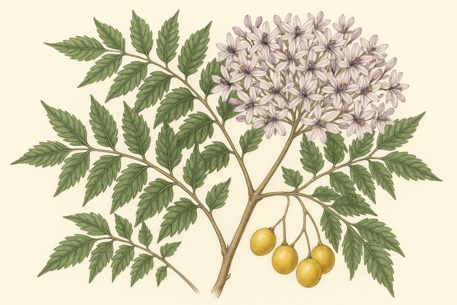 Melia azedarach (Bead Tree / Bakaino) - Purple-flowered ornamental tree botanical art - Natural insecticide-producing tree - Art by Enea Le Fons for AquaSai Integrated Pest Management