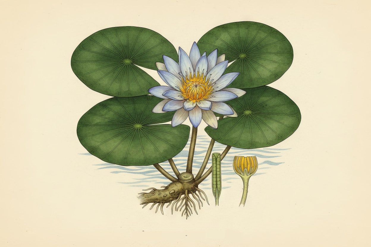 Nymphaea nouchali (Blue Water Lily) - Stunning blue lotus flower botanical art - Sacred aquatic flower with medicinal roots - Created by Enea Le Fons for AquaSai Cultural Wetland Integration