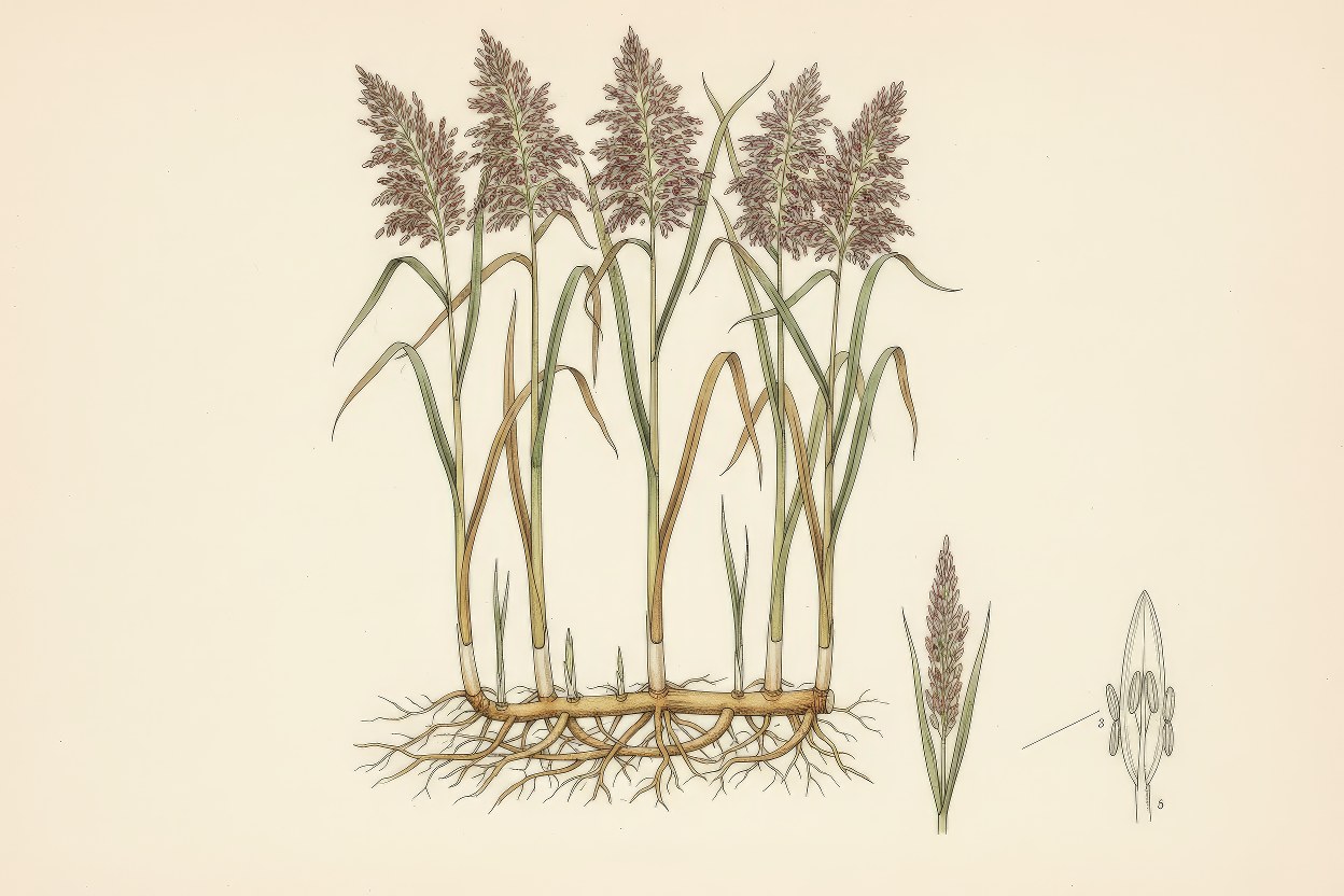 Phragmites australis (Common Reed) - Tall wetland grass botanical illustration - Worldwide wetland restoration staple - Created by Enea Le Fons for AquaSai Global Wetland Applications