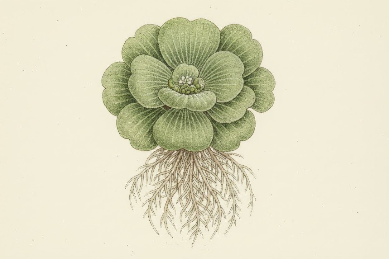 Pistia stratiotes (Water Lettuce) - Floating rosette aquatic plant botanical illustration - Efficient nutrient absorber for water treatment - Art by Enea Le Fons for AquaSai
