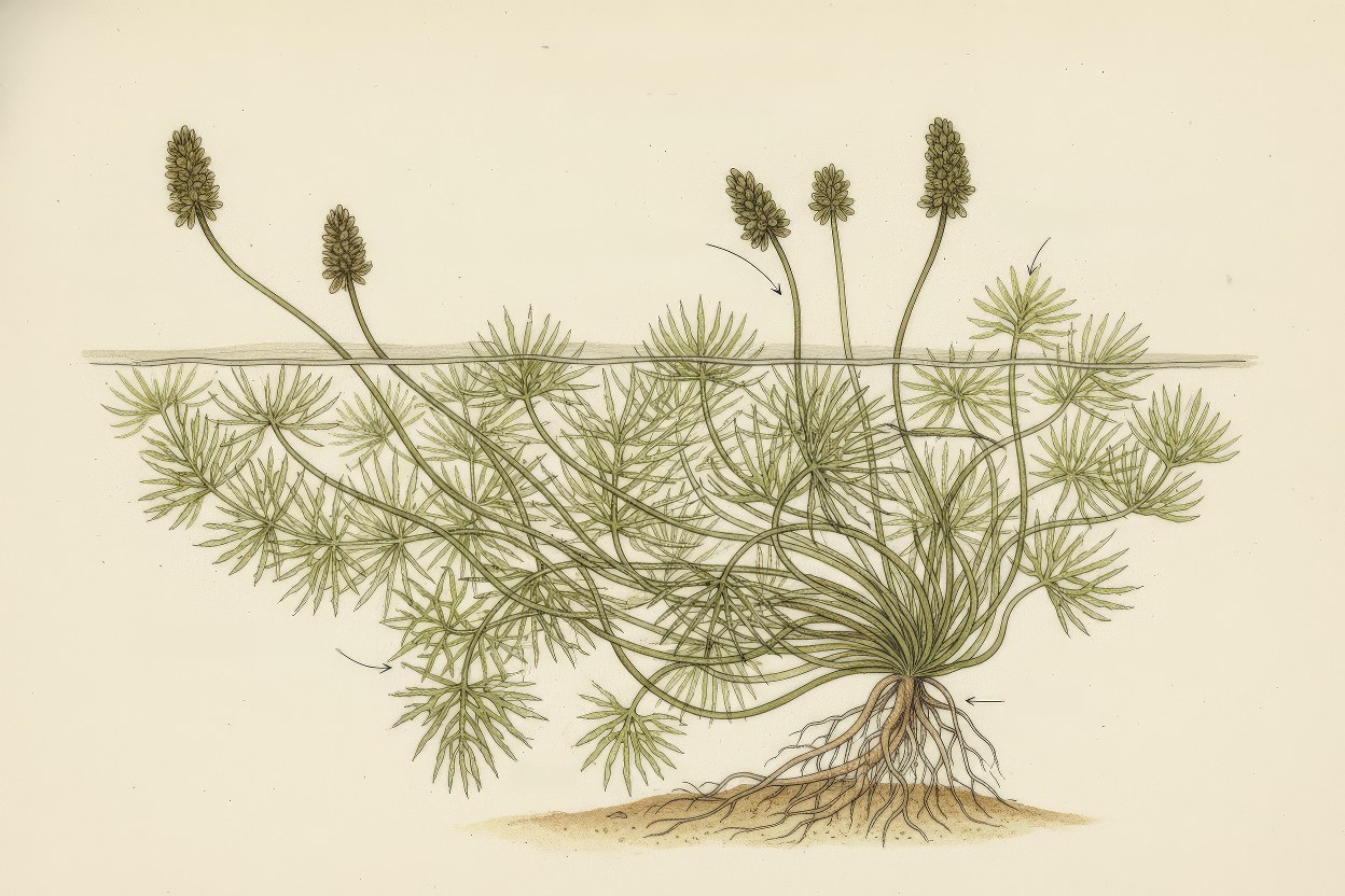 Potamogeton pectinatus (Pondweed) - Submerged aquatic plant with fine leaves botanical art - Underwater oxygenator and filter - Art by Enea Le Fons for AquaSai Submerged Vegetation Research