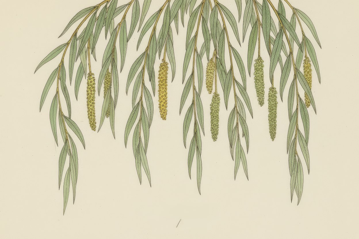 Salix babylonica (Willow / Bhains) - Graceful weeping willow botanical art - Premier riparian phytoremediation tree - Illustration by Enea Le Fons for AquaSai Riverbank Stabilization