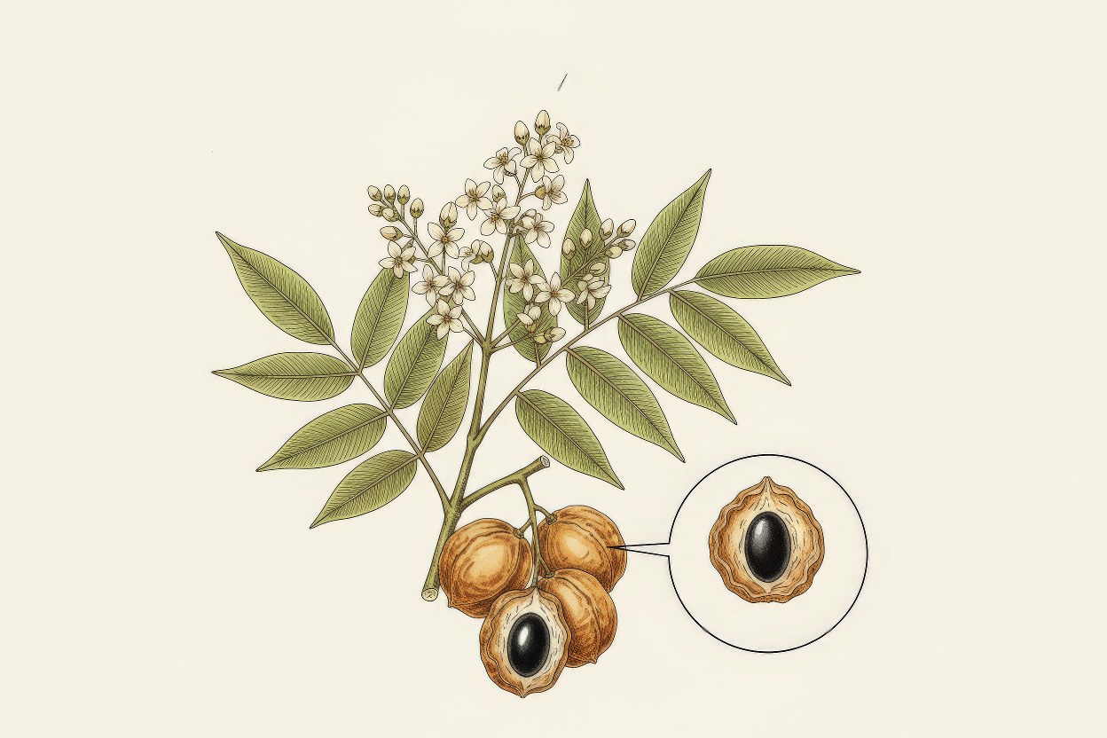 Sapindus mukorossi (Soapnut / Ritha) - Saponin-rich fruit tree botanical illustration - Natural detergent and shampoo source - Illustration by Enea Le Fons for AquaSai Economic Botany