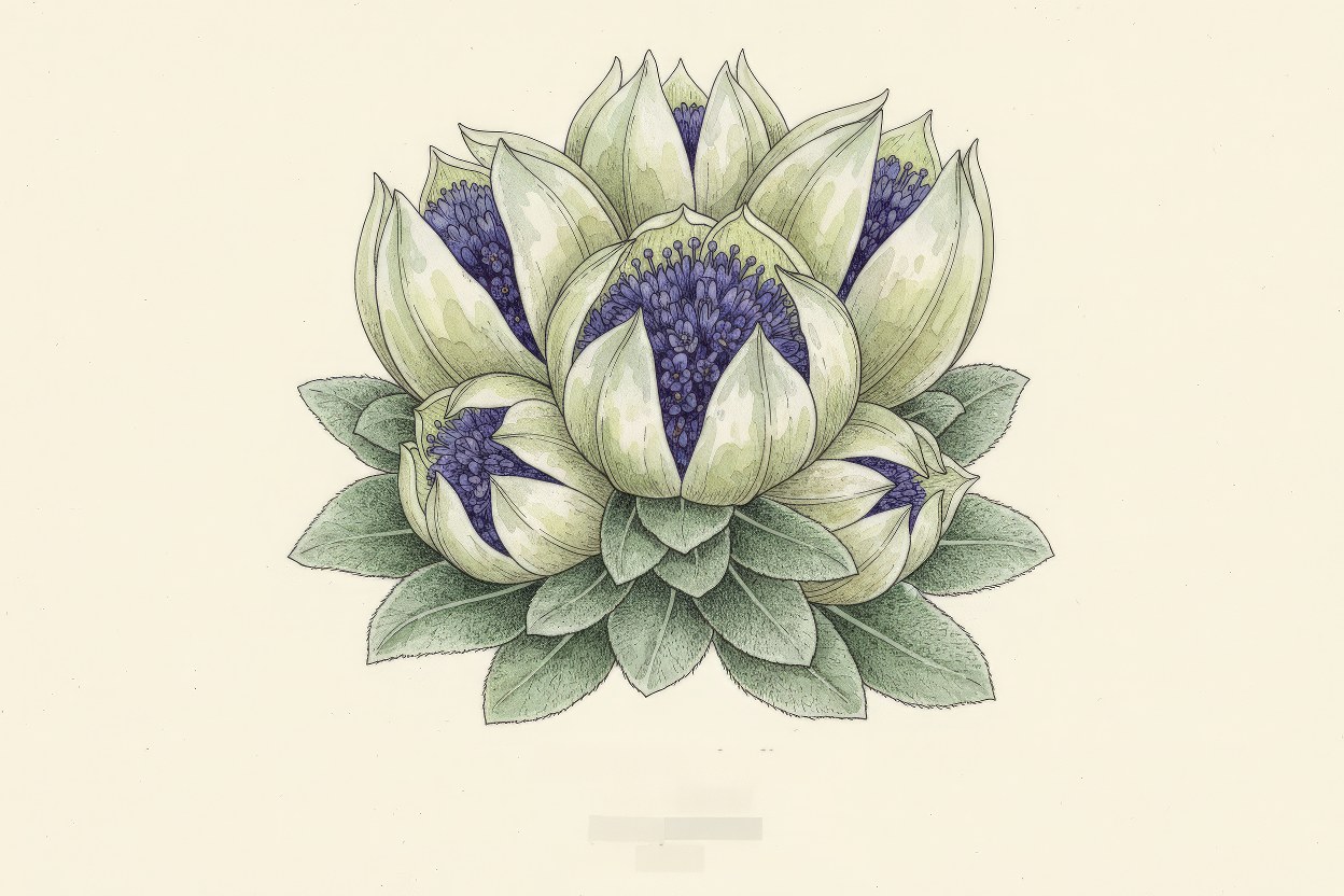 Saussurea obvallata (Brahma Kamal) - Sacred lotus-like high-altitude flower botanical art - Revered Himalayan medicinal plant - Created by Enea Le Fons for AquaSai Sacred Flora Documentation