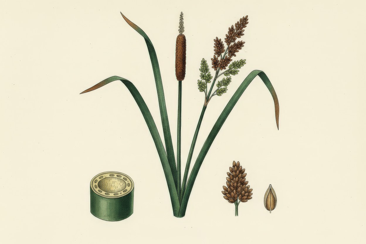 Scirpus validus (Bulrush) - Cylindrical-stemmed emergent plant botanical illustration - Versatile wetland remediation species - Illustration by Enea Le Fons for AquaSai Sediment Control Projects