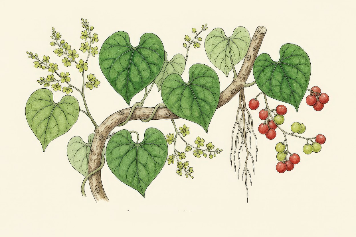 Tinospora cordifolia (Guduchi) - Botanical illustration of climbing vine with heart-shaped leaves - Important Ayurvedic immunomodulator - Art by Enea Le Fons for AquaSai Bagmati Project