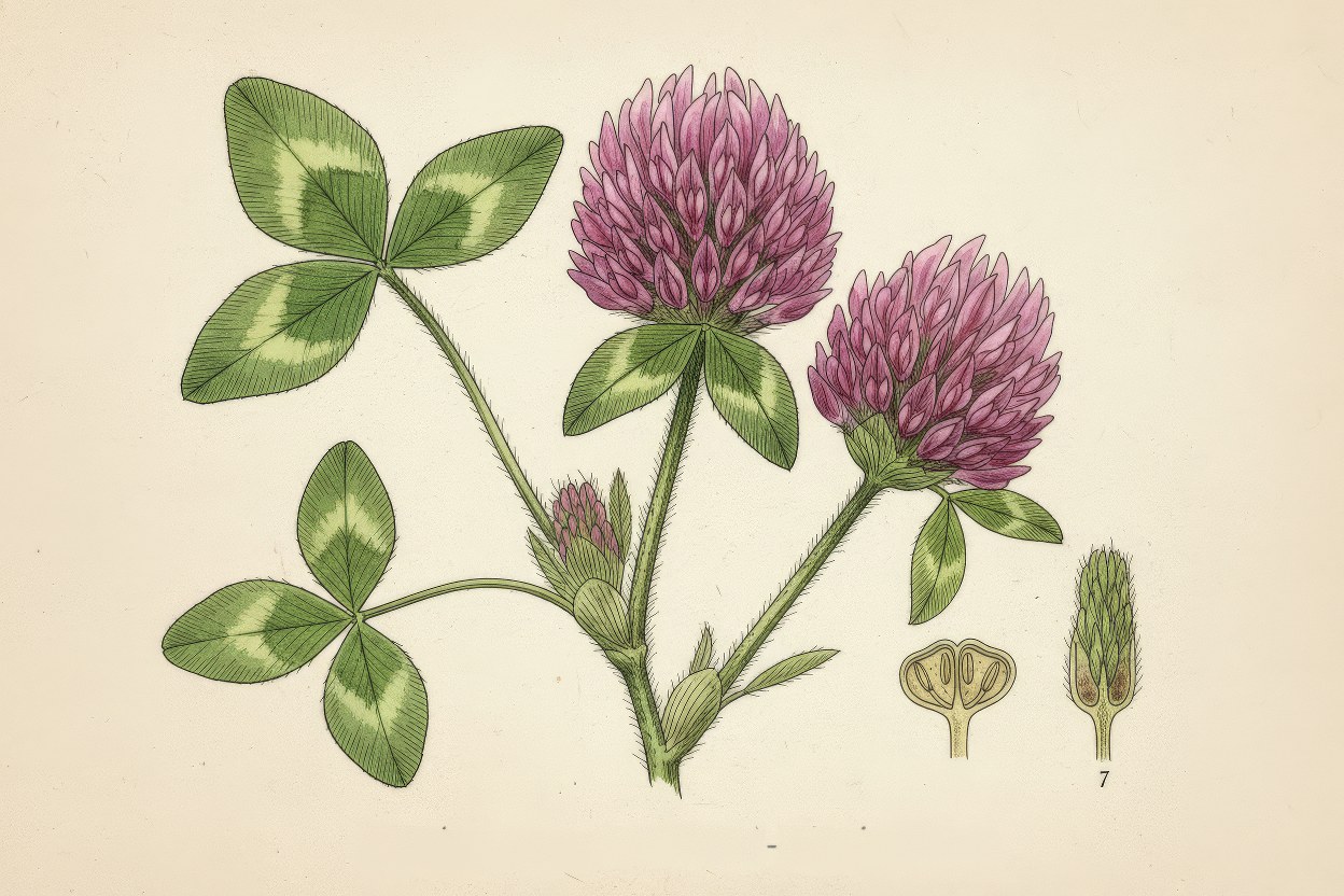 Trifolium pratense (Red Clover) - Nitrogen-fixing ground cover botanical art - Living mulch and pollinator magnet - Illustration by Enea Le Fons for AquaSai Regenerative Soil Management
