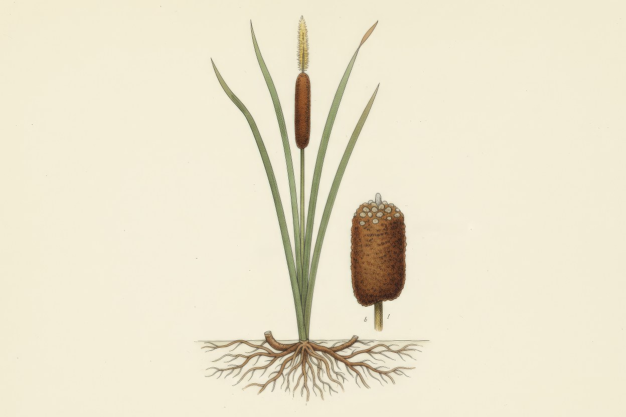 Typha latifolia (Cattail / Pater) - Iconic cigar-shaped wetland plant botanical art - Essential constructed wetland species - Illustration by Enea Le Fons for AquaSai Wetland Design Standards