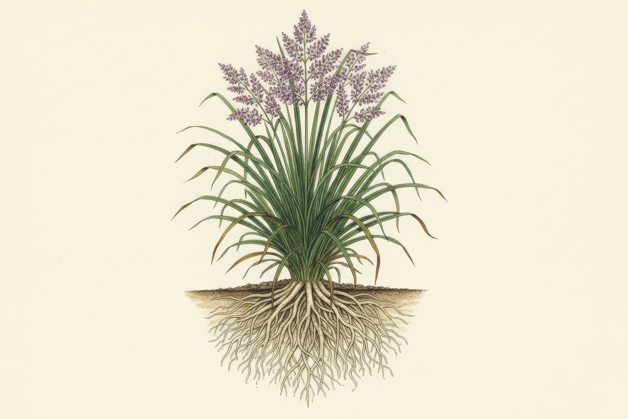 Vetiveria zizanioides (Vetiver) - Deep-rooted erosion control grass botanical art - Champion bioengineering species with 3-4 meter roots - Created by Enea Le Fons for AquaSai Slope Stabilization Engineering